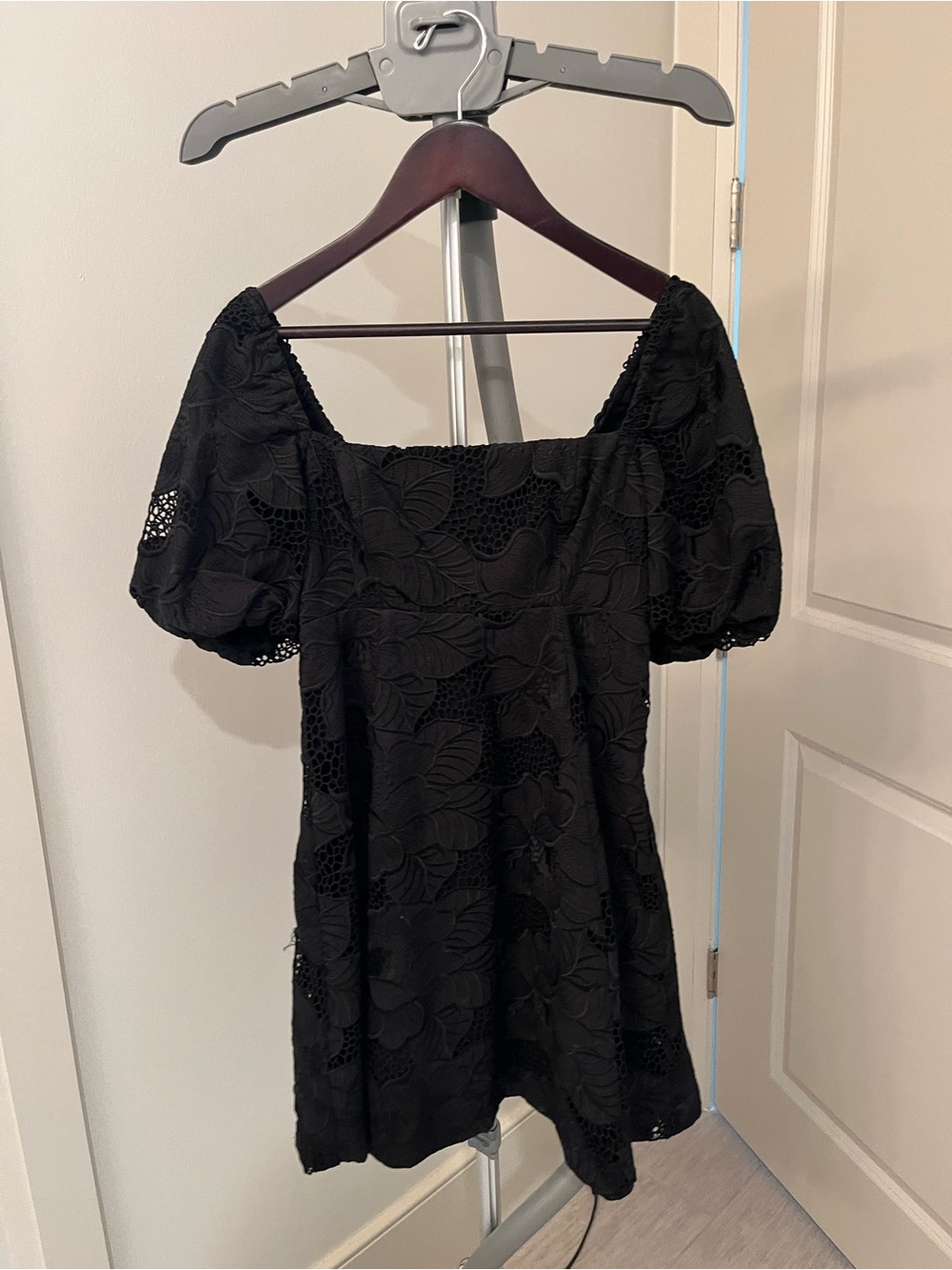Hill House Matilda Black Lace Puff-Sleeve Mini Dress